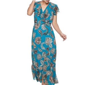 Women’s APT.9 Ruffle‎ V Teal/ Green Floral Dress. Size M